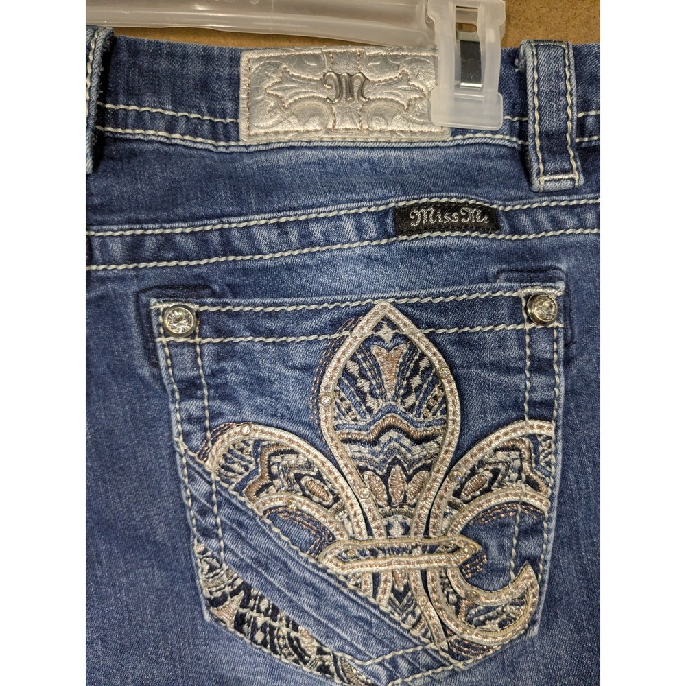 Miss Me Easy Skinny Jeans Womens 32 Mid Rise Fleur De Lis Embroidered Blue Denim - Picture 6 of 9
